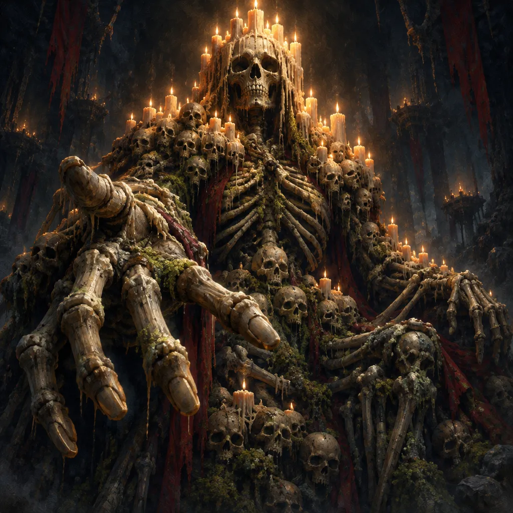 The Ossuary Mother: sosok raksasa dari tengkorak dan tulang bertumpuk, ratusan lilin menyala di bahu dan kepalanya, satu tangan tulang terulur ke depan.