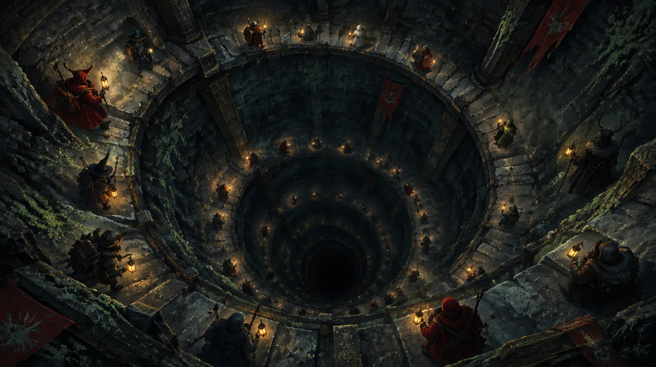 Pandangan dari atas ke dalam sumur bundar. Puluhan Descender berlentera turun di tangga spiral yang sama pada kedalaman berbeda, dan pusat spiral hilang dalam gelap.